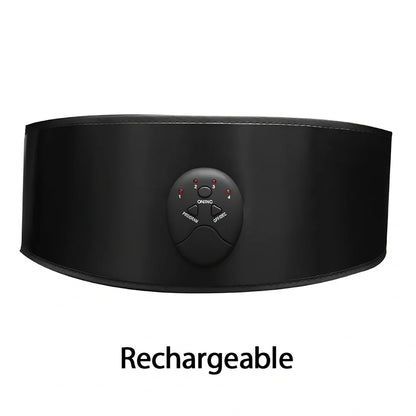 Black abdominal slimming belt with adjustable waist strap showing vibration unit and 10-speed controls