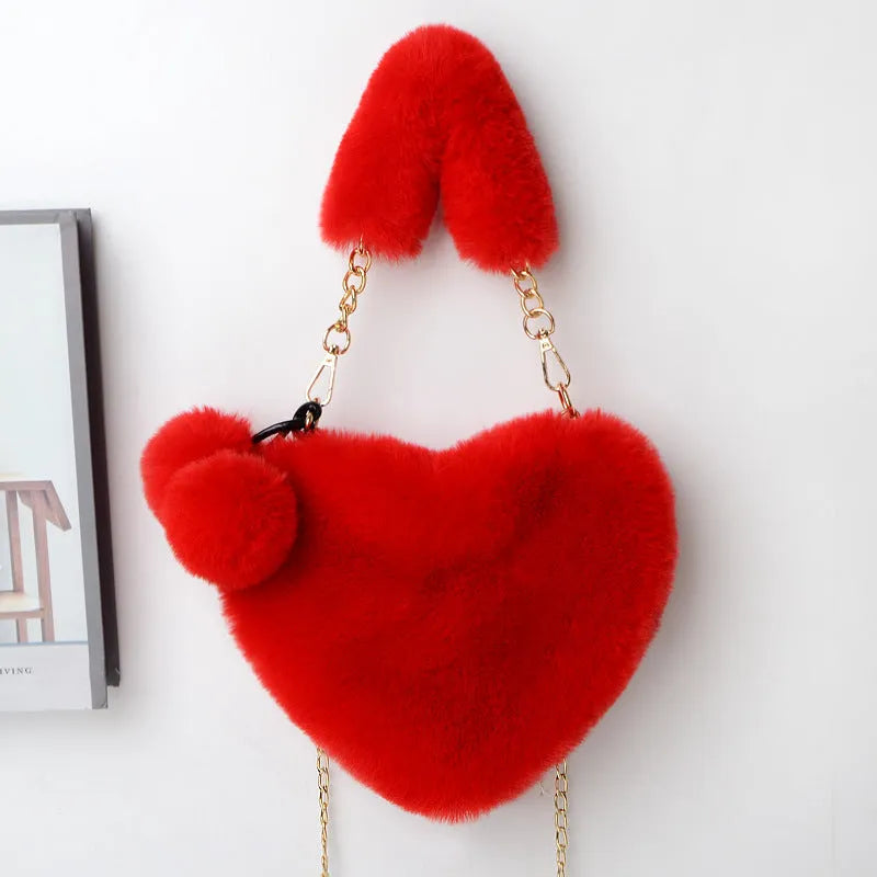 Plush heart-shaped women's handbag in medium size with removable shoulder strap