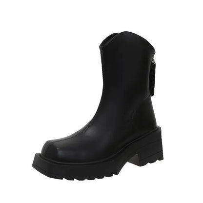 Black platform Martin boots for women with square toe, back zipper, and rubber sole.