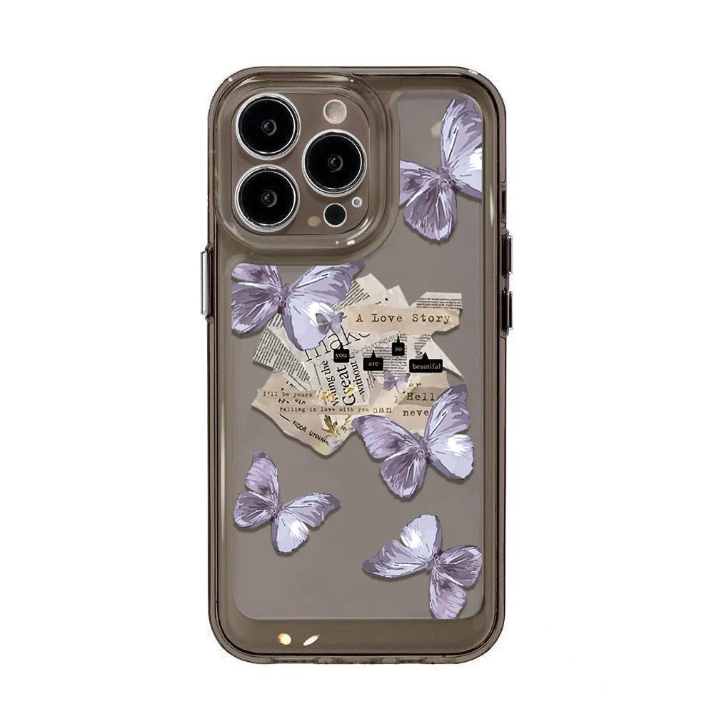 Purple butterfly TPU iPhone case in transparent black or white with lens fine hole and soft shell