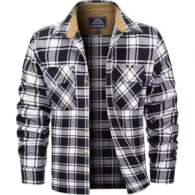 Men's polyester flannel button shirt in plaid pattern showing colour options and button-front design