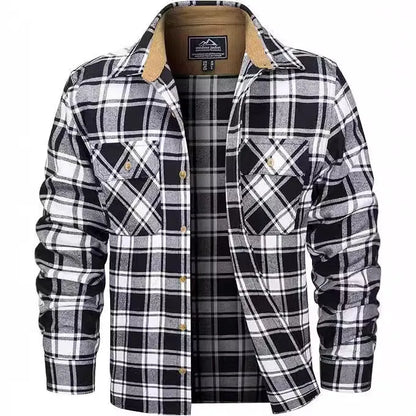 Men's polyester flannel button shirt in plaid pattern showing colour options and button-front design