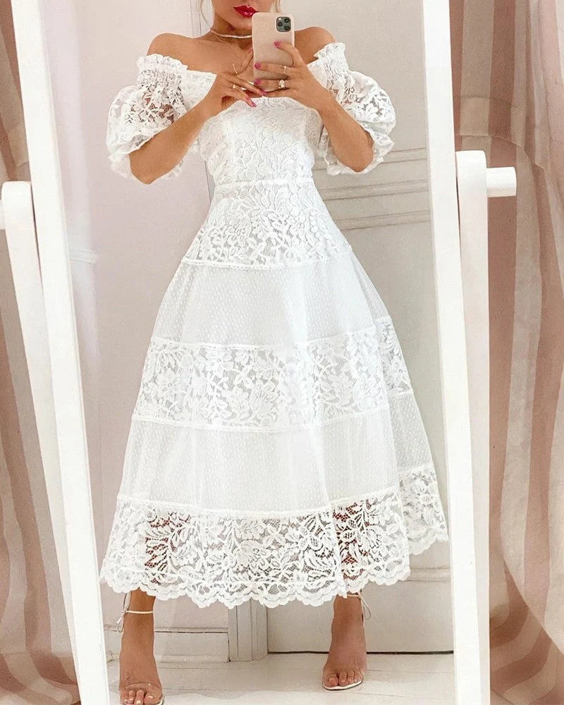 Elegant white V-neck lace stitching dress with puff sleeves and large hem