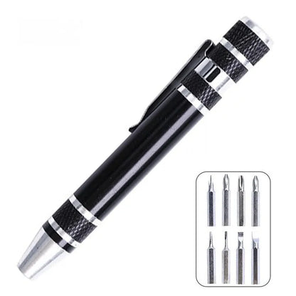 8-in-1 pen-type screwdriver set with aluminium handle and multiple coloured options on a white background.