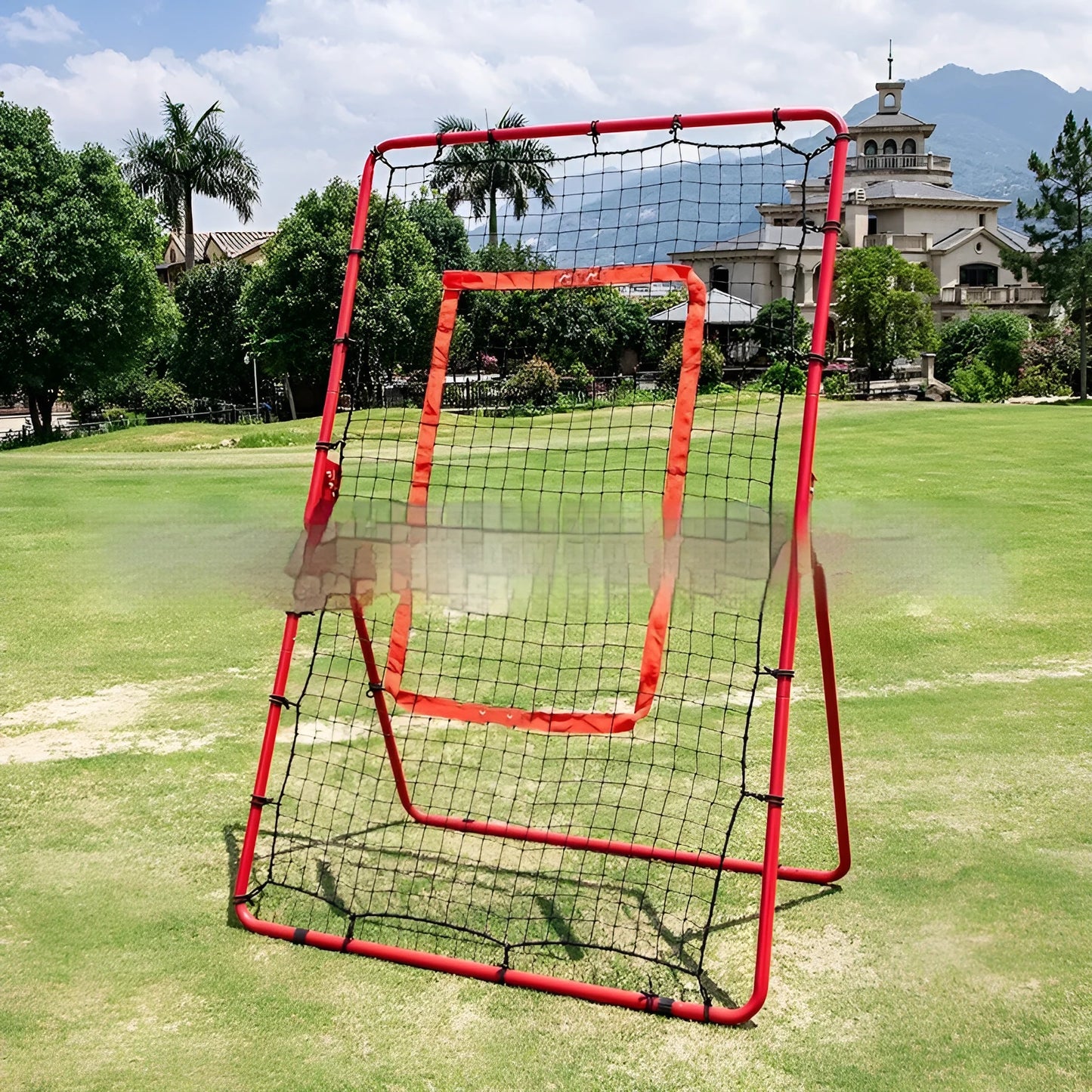 Red adjustable baseball training net with metal frame measuring 4x6 feet for sports practice