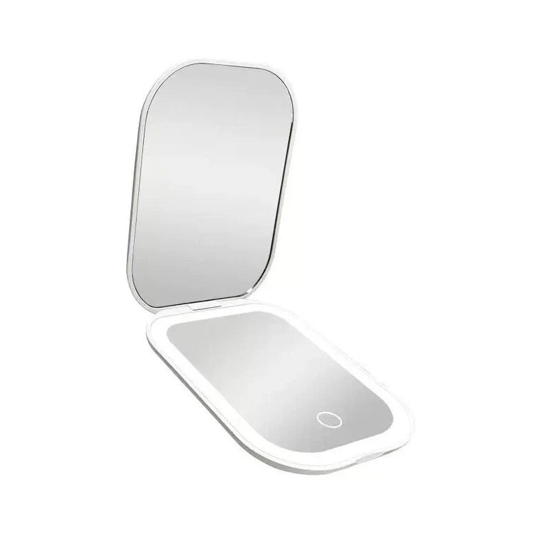 White foldable cosmetic mirror with LED lights showing 10.4x7.5cm glass lens and 105x75mm frame