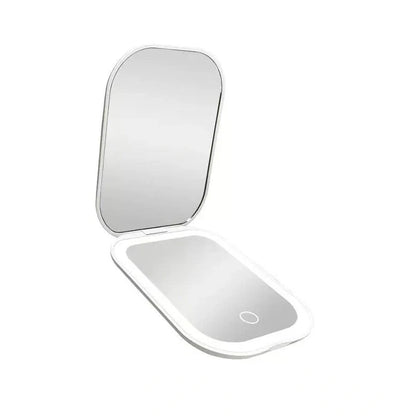 White foldable cosmetic mirror with LED lights showing 10.4x7.5cm glass lens and 105x75mm frame