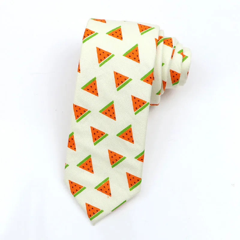 Korean style narrow men's cotton bow tie with a printed cartoon pattern on an adjustable fabric strap.