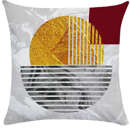 Geometric pattern throw pillow on office sofa showing 45x45cm size with ultra-flexible printing