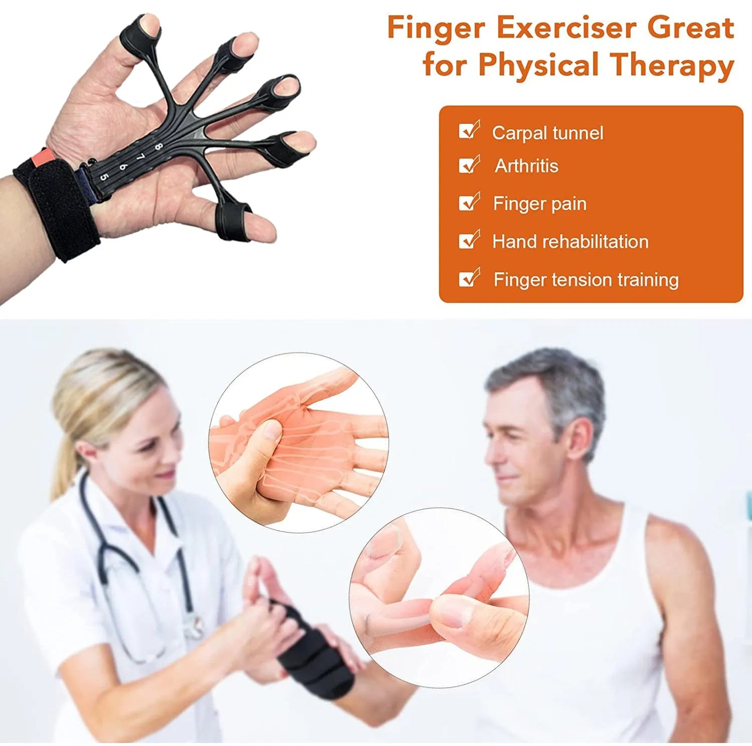Black silicone finger tension rope trainer with adjustable belt on a grey background.