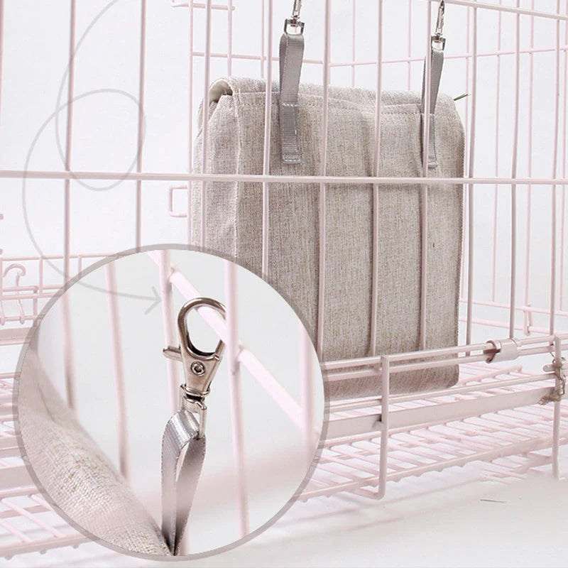 Durable cloth feed bag for small pets including rabbits, guinea pigs, and hamsters in grey and blue.