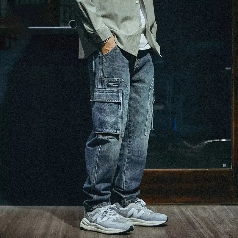 Men's blue loose straight retro jeans with stretch polyester denim fabric