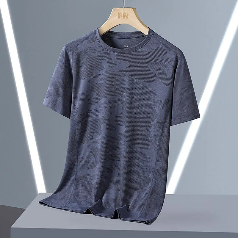 Men's camouflage pattern quick-dry summer top in nylon fabric with round neck and short sleeves