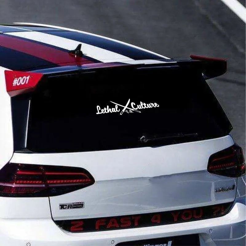 Car rear window family sticker in silvery white or yellow showing letters and numbers