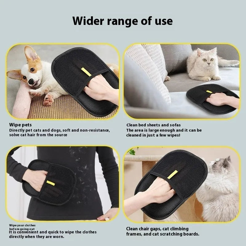 Black pet hair removal gloves with dual-sided silicone brush design for dog cat rabbit grooming
