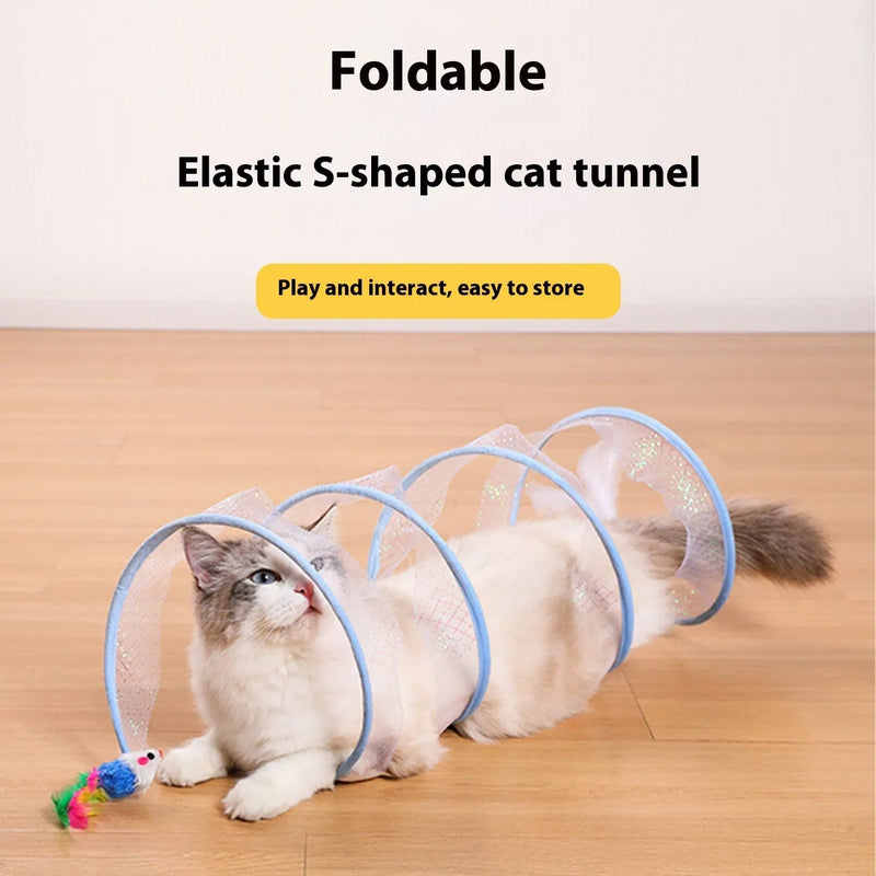 Cat tunnel toy with feather teaser for kittens and adult cats, self-hi interactive toy channel with steel wire frame and elastic net construction, mixed colour design suitable for indoor play and exercise, relieves boredom and stuffiness for home pets