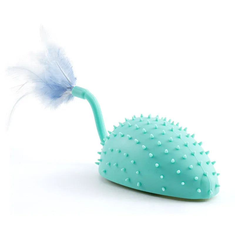 Remote control USB rechargeable silicone mouse cat toy with hanging feathers in cyan colour
