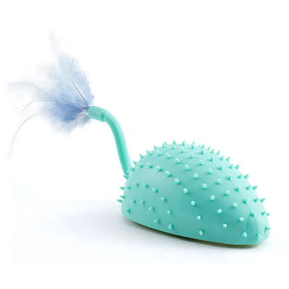 Remote control USB rechargeable silicone mouse cat toy with hanging feathers in cyan colour