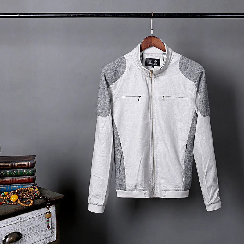Men's thin linen jacket in cotton, shown in blue, grey, or green, available in sizes M to 6XL.