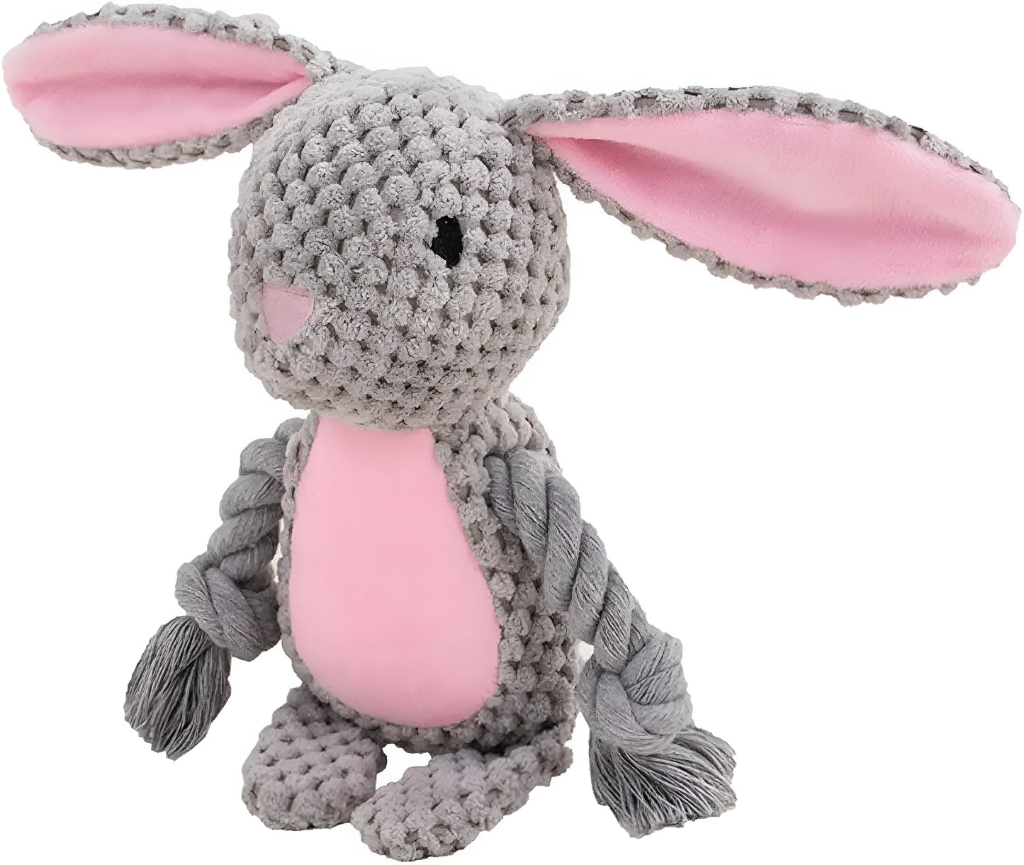 Stuffed animal dog plush toy with cotton rope, shown in elephant, fox, monkey, pig, or rabbit shapes.