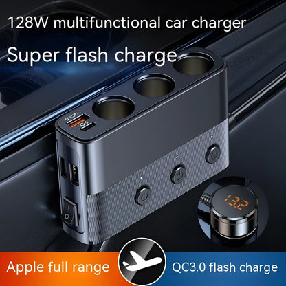 Black vehicle cigarette lighter charger with multiple USB ports and 1m cable