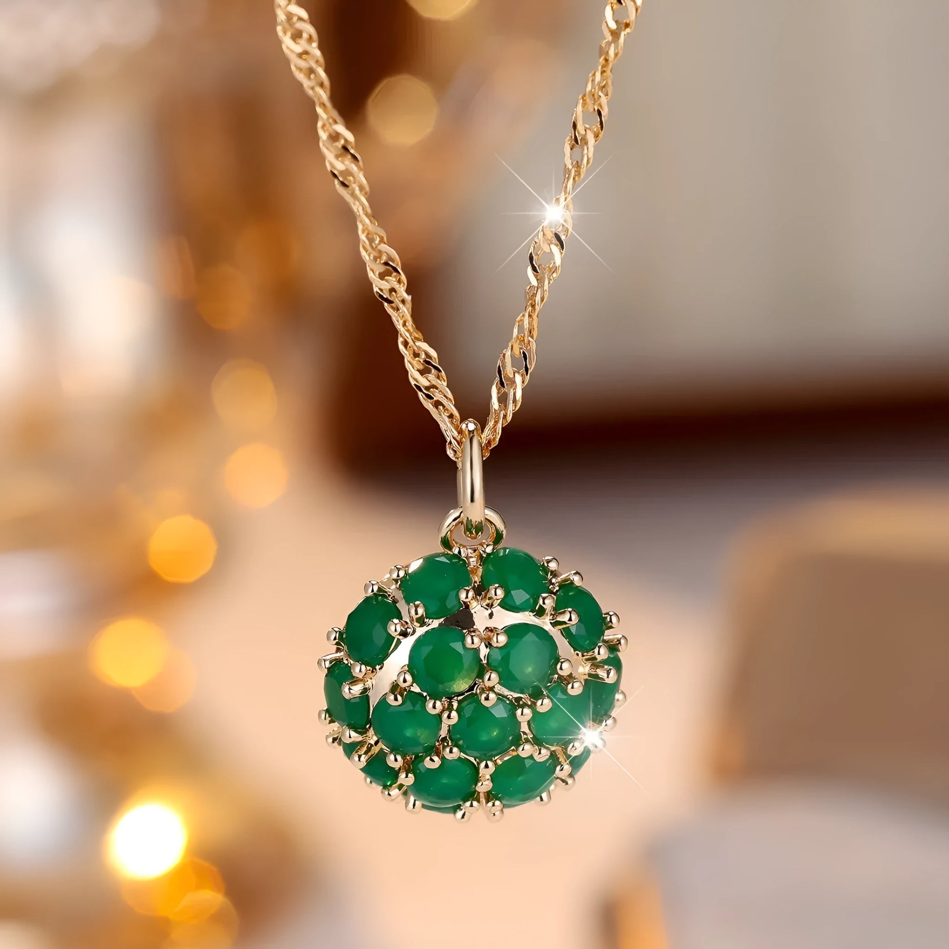 Golden green emerald diamond necklace with adjustable chain and geometry pendant