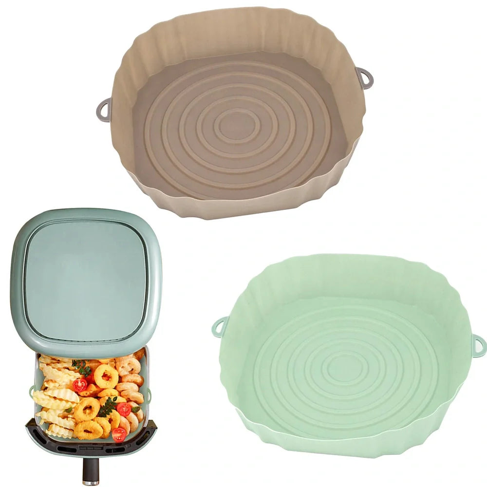 Silicone air fryer baking tray with 4.5cm depth in light grey, pink, brown or green