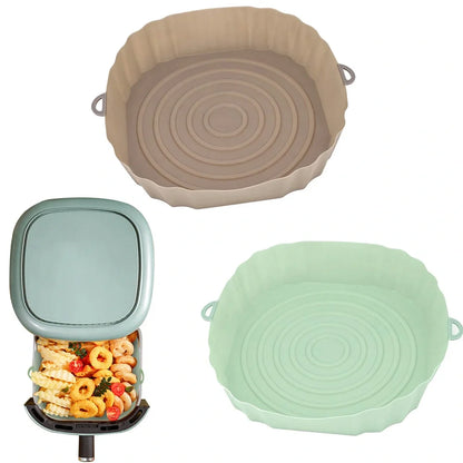 Silicone air fryer baking tray with 4.5cm depth in light grey, pink, brown or green