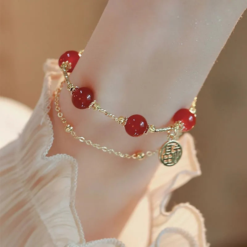 Red agate blessing card and horse charm double layer bracelet in gift box