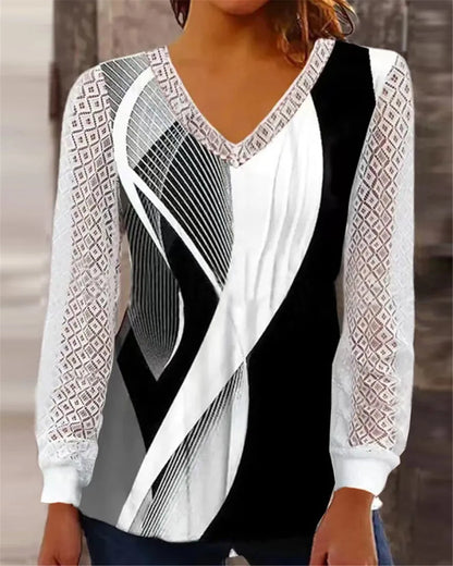 Loose V-neck women's top with hollow-out lace print in purple, wine red, grey or blue