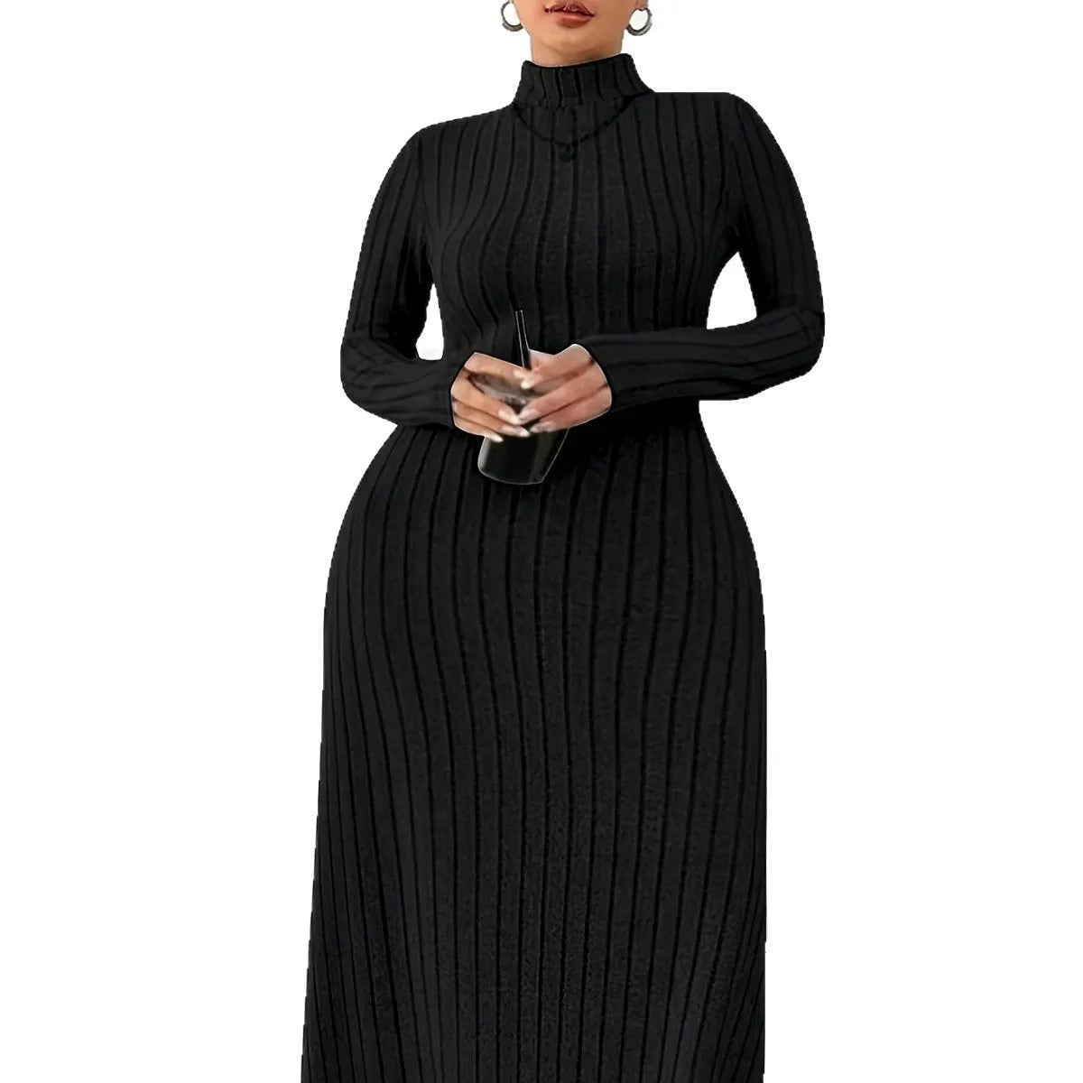 Plus size women's turtleneck long sleeve dress in black, army green, or milky white with stripe pattern, casual autumn winter long skirt.