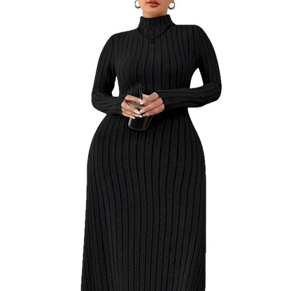 Plus size women's turtleneck long sleeve dress in black, army green, or milky white with stripe pattern, casual autumn winter long skirt.
