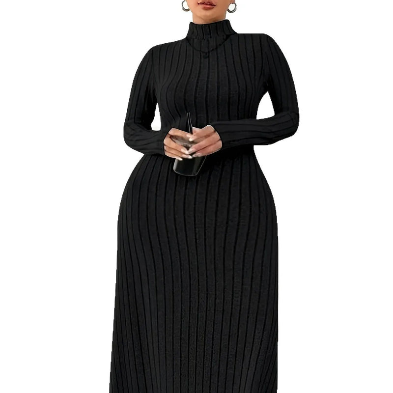 Plus Size Long Sleeve Turtleneck Dress for Women Autumn Winter Casual Long Skirt in Polyester with Stripes Available in Black Army Green and Milky White