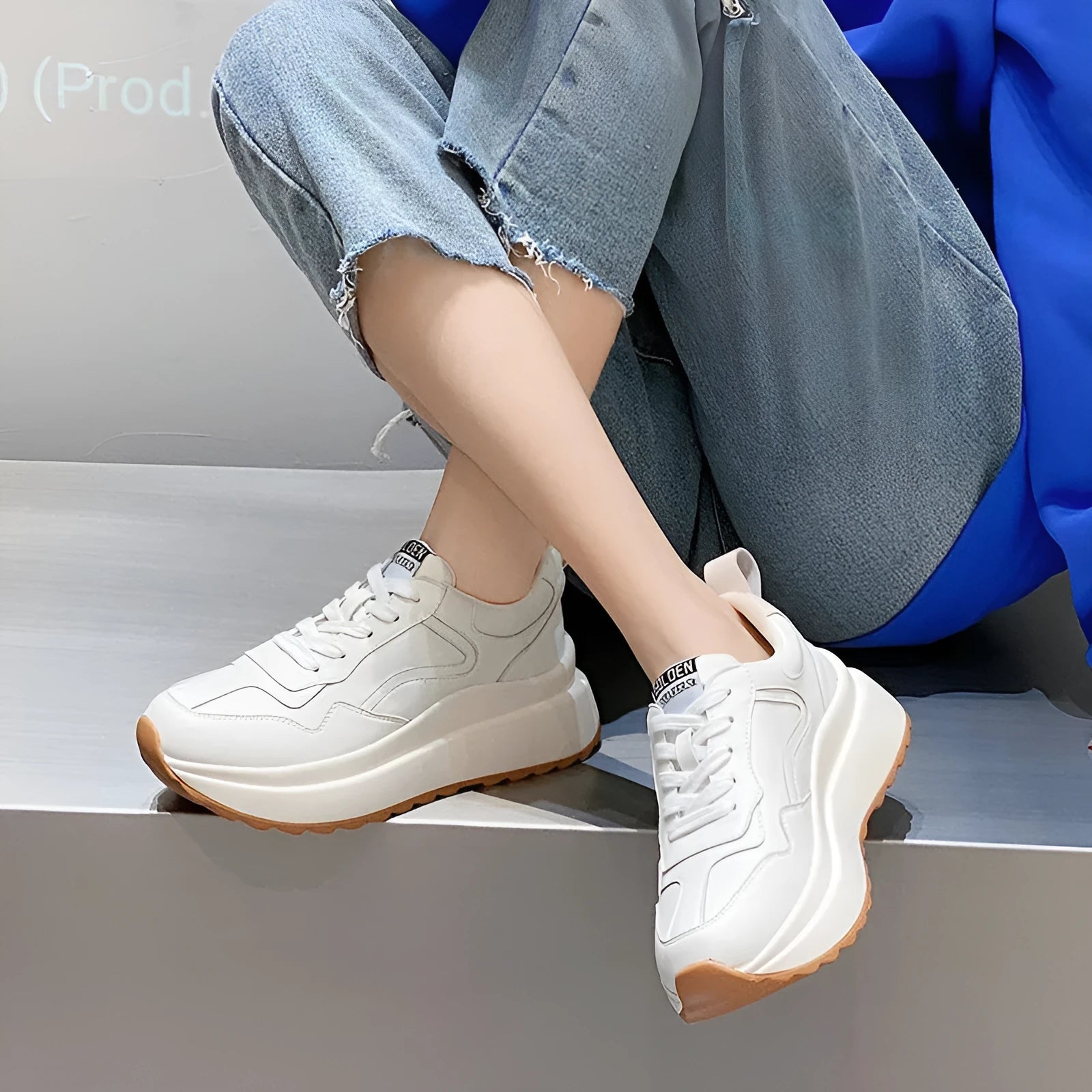 Beige women's low-top casual sports shoes made from cattlehide leather with round toe and front lace-up.