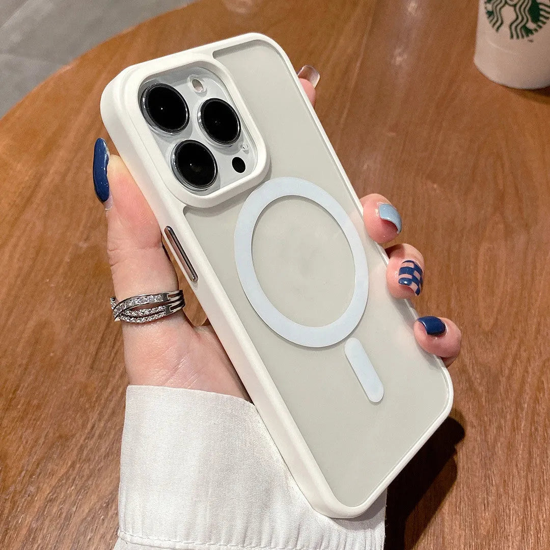 Clear acrylic MagSafe phone case for iPhone showing magnetic ring, displayed in pink, blue, white, black, and navy blue colour options.
