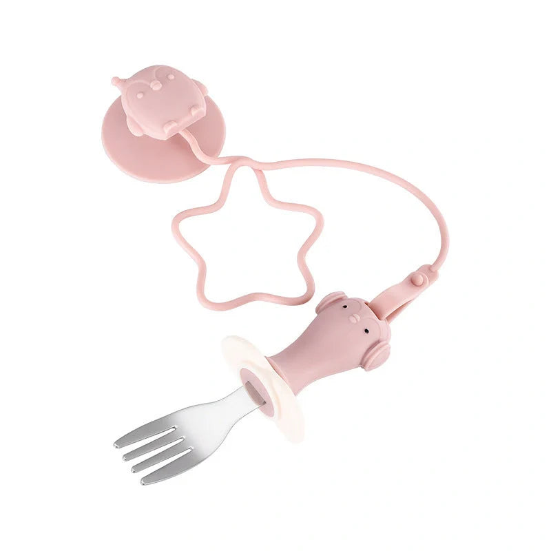 Infant stainless steel training spoon and fork set with silicone anti-drop chain and suction cup