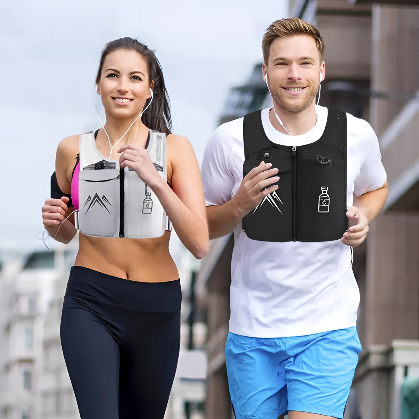 Sports running vest with mesh fabric and mobile phone pocket in black or grey colours