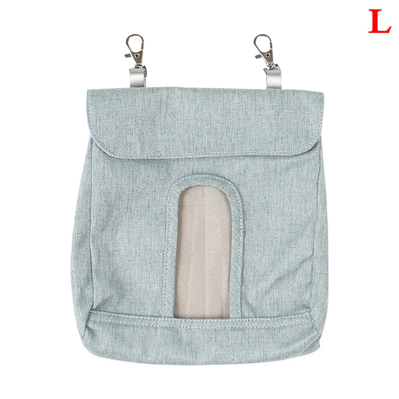 Durable cloth feed bag for small pets including rabbits, guinea pigs, and hamsters in grey and blue.