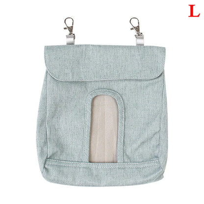 Durable cloth feed bag for small pets including rabbits, guinea pigs, and hamsters in grey and blue.