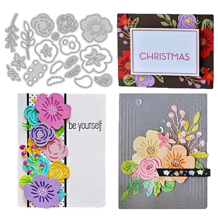 Silver carbon steel floral cutting die for paper crafts measuring 14.3 by 9.9 cm.