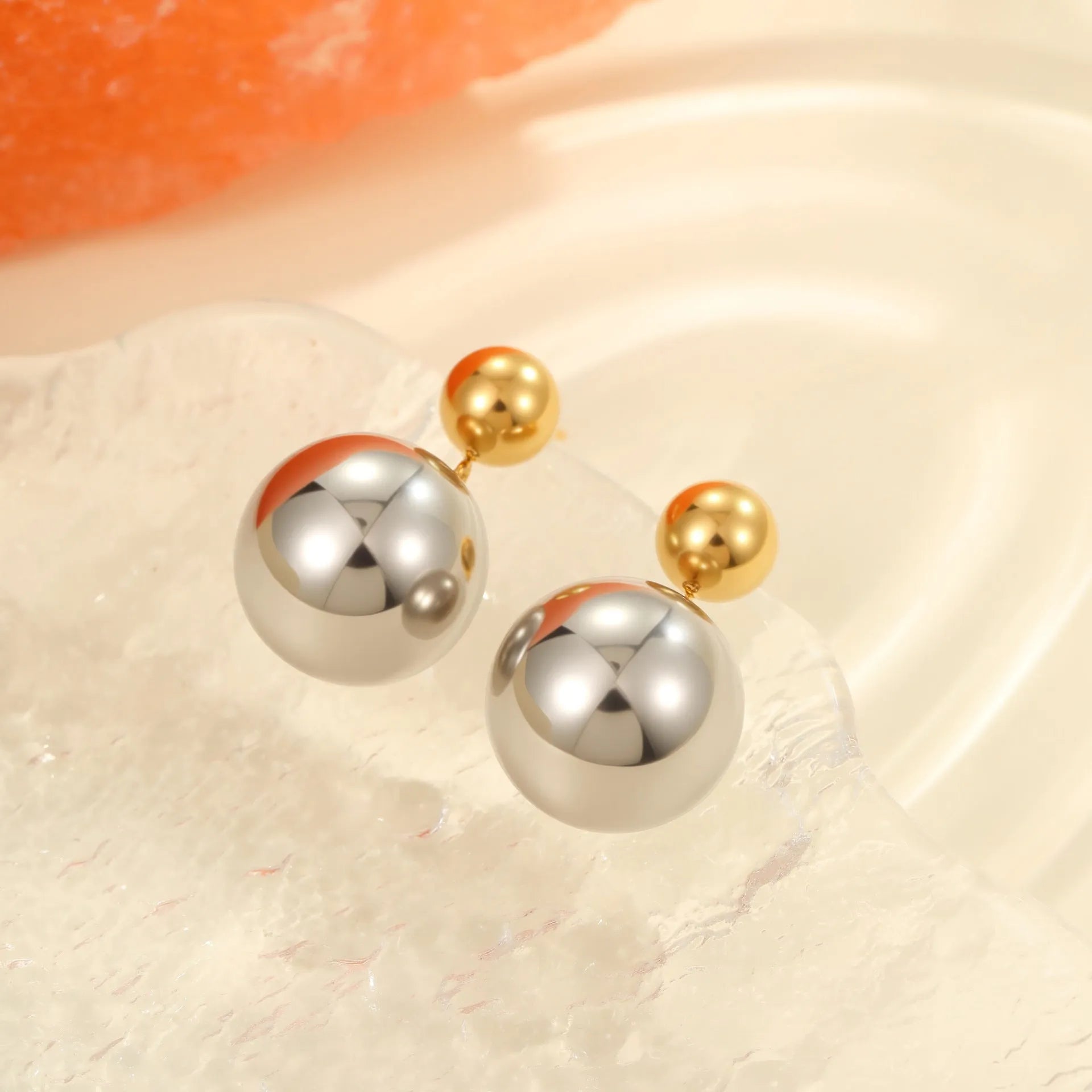 Round beads geometric ear studs with colour-block design and 18K gold electroplated finish