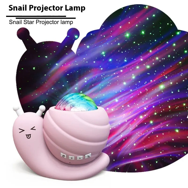 Snail-shaped starry sky projection lamp in blue with remote control on a table