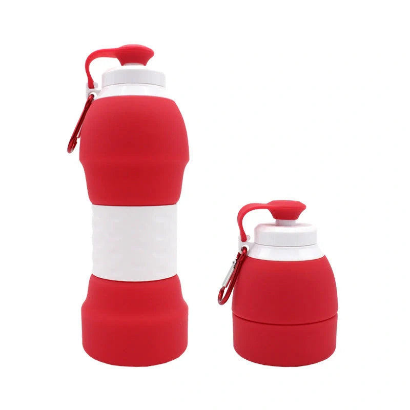 Collapsible silicone water bottle in various colours, perfect for travel and outdoor activities