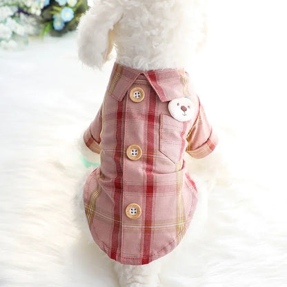 Soft cotton pet shirt with two feet design in blue, red, or rice brown, sizes XS to XL