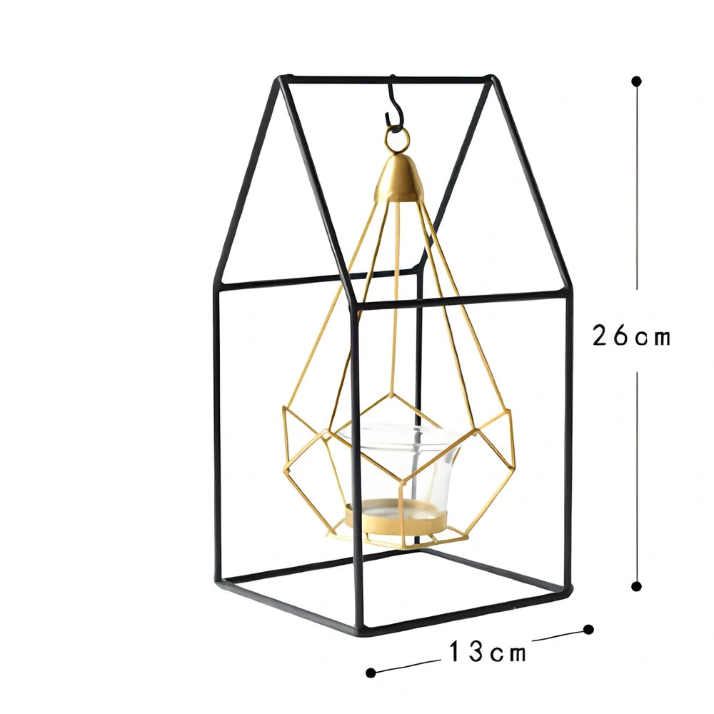 Geometric wrought iron candle holder with angular design, 25cm height and 15cm base diameter