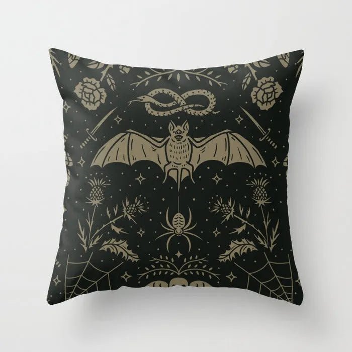 Halloween-themed cartoon print cushion cover on a sofa, 45x45 cm size.