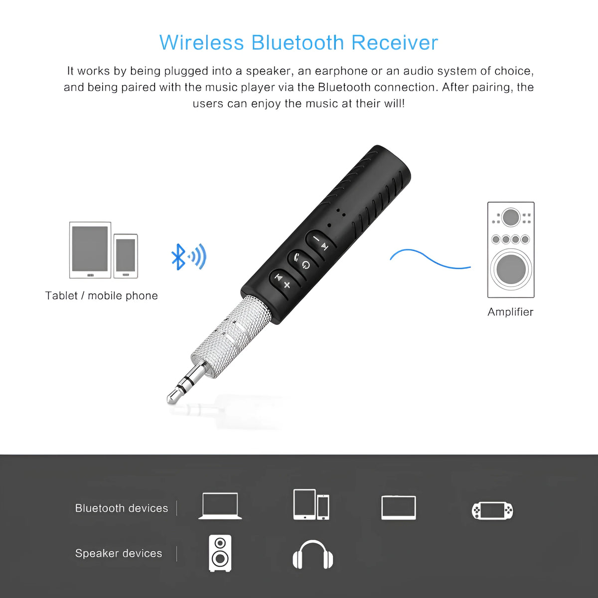 Black Bluetooth audio receiver adapter with 3.5mm AUX jack for car stereo wireless connectivity