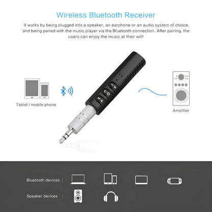 Black Bluetooth audio receiver adapter with 3.5mm AUX jack for car stereo wireless connectivity