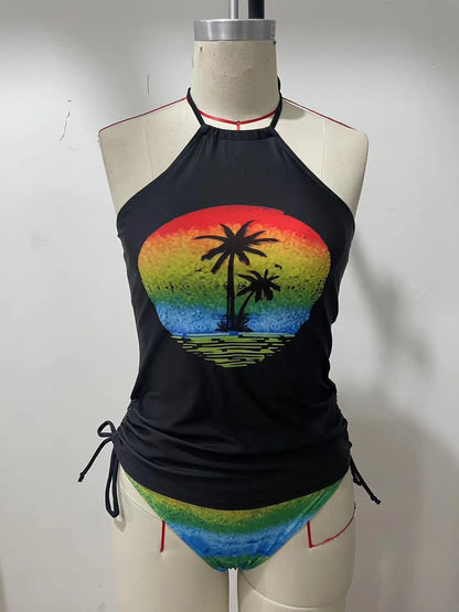 Conservative European and American women's colourful split pattern swimsuit for swimming.