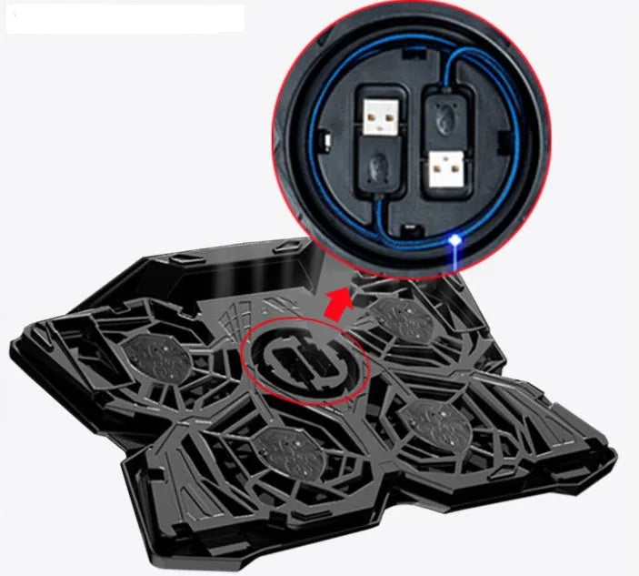 Blue computer cooling base with four illuminated fans, USB ports and speed control switches